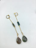 Long dangly earrings, indian agate in dark green and brown tones, in 18k plated gold beautiful jewelry gift, for mom, or best friend