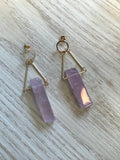 Raw, rose quartz, long, gold earrings, refined, boho, pink stone,