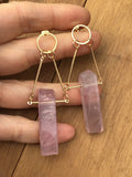 Raw, rose quartz, long, gold earrings, refined, boho, pink stone,