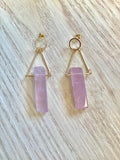 Raw, rose quartz, long, gold earrings, refined, boho, pink stone,