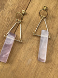 Raw, rose quartz, long, gold earrings, refined, boho, pink stone,