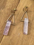 Raw, rose quartz, long, gold earrings, refined, boho, pink stone,