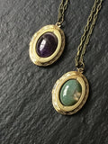 Bronze locket with rose quartz, labradorite, lapis lazuli, amazonite, pyrite, tiger eye, moss agate, amethyst or jasper, long locket,