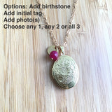 oval Gold locket, with choose your chain, add a birthstone, add an initial, photo locket, gift for her, add your photo,