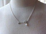 Sideways Skeleton Key Necklace with a Pearl