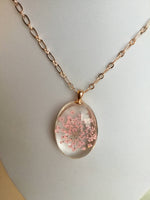 Pressed flower necklace in Rose gold with pink flowers, bridesmaid gift