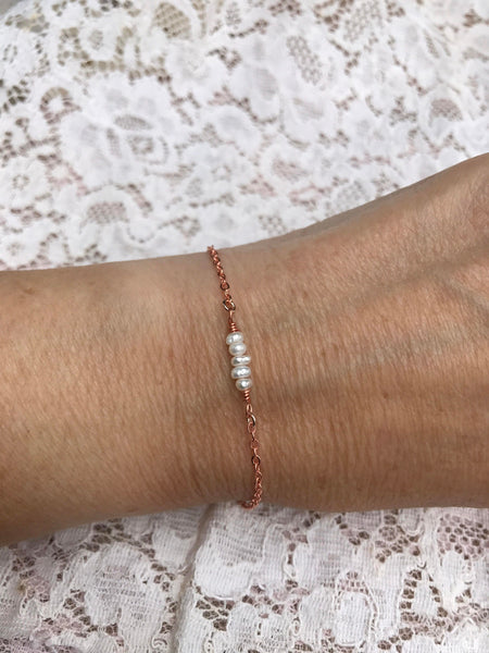 Tiny freshwater Pearl and Rose Gold bracelet, silver Bracelet, bridesmaid gift, bridal jewelry, wedding bracelet, bridesmaid bracelet,