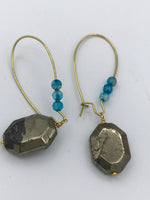 geometric pyrite earrings, dangling earrings, dramatic earrings, boho jewelry, hippie earrings, blue agate earrings,