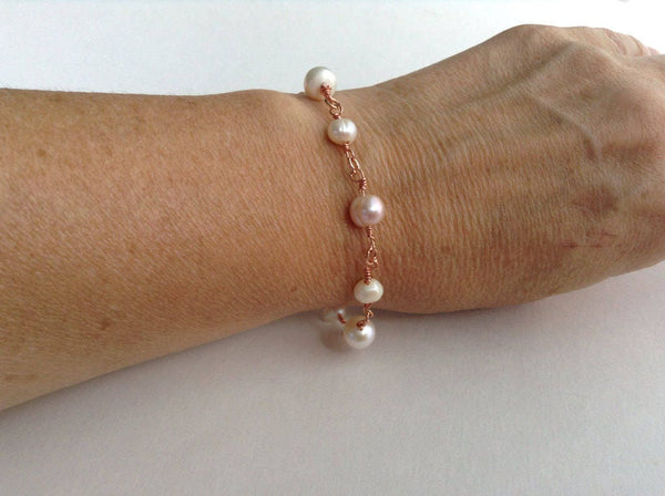 Delicate Pearl and Rose Gold Bracelet, boho jewelry, bridesmaid gift,