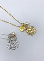 Yellow Gold Rose Necklace, silver flower necklace, initial, bridesmaid gift, pearl, flower girl jewelry, mother of the bride, maid of honor
