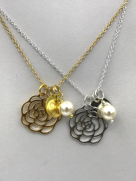 Yellow Gold Rose Necklace, silver flower necklace, initial, bridesmaid gift, pearl, flower girl jewelry, mother of the bride, maid of honor