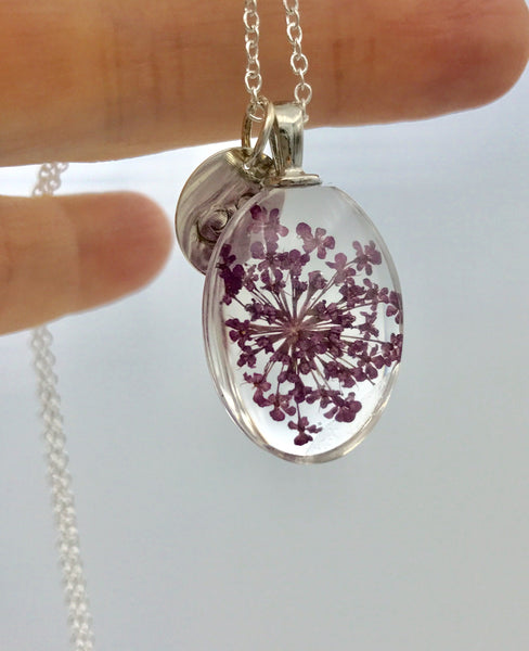 Dried blossom initial necklace, boho jewelry, terrarium jewelry, personalized necklace, Silver initial, graduation gift, purple flower