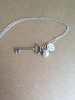 Silver, Skeleton, Steampunk, Key, Necklace, with Initial, key, pearl and initial Necklace, personalized, Mothers Day
