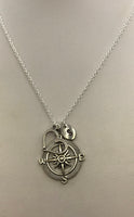 Wanderlust travelers necklace, compass, heart and initial necklace in silver