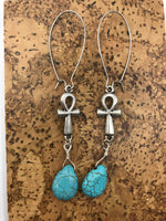 Ankh and turquoise drop long dangly boho Earrings