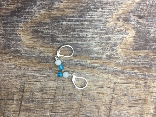 Tiny drop earrings with moonstone and blue agate, dainty boho jewelry gift for her,