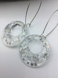 Large Glittery sparkling dangly resin hoop earrings in silver, modern, statement, funky jewelry
