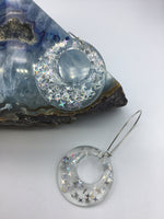 Large Glittery sparkling dangly resin hoop earrings in silver, modern, statement, funky jewelry