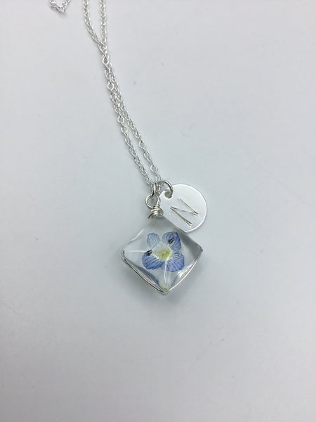 initial necklace, hippie, pressed flowers, dried flower necklace, silver necklace, Terrarium, forget me not, Real flower in resin