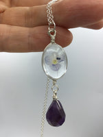 Forget me not, dried flower, pendant, with an amethyst briolette drop in Rose gold, gold, or silver, beautiful gift,  necklace gift for her