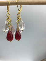 Long drop crystal earrings wth clear, pink and red crystals in Rose gold, gold, silver or bronze leverback