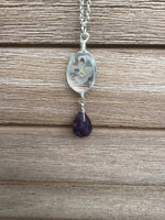 Forget me not, dried flower, pendant, with an amethyst briolette drop in Rose gold, gold, or silver, beautiful gift,  necklace gift for her
