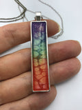 Tie dye style enameled long pendant necklace in rainbow colors perfect one of a kind keepsake perfect for gift for him or her