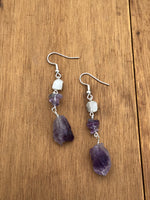 Raw Amethyst and moonstone earrings, amethyst earrings, boho jewelry, hippie earrings, moonstone, gift,