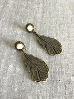 Large boho feather earrings in bronze with a howlite stone great gift idea