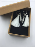 Tassel and feather earrings, hippie, boho style, red, white, or black tassels,