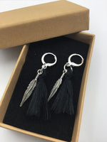 Tassel and feather earrings, hippie, boho style, red, white, or black tassels,