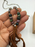 Long boho, leather tassel, fire agate, Indian agate, Botswana agate, statement necklace