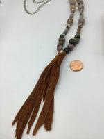 Long boho, leather tassel, fire agate, Indian agate, Botswana agate, statement necklace