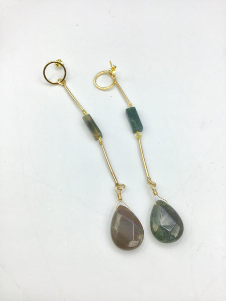 Long dangly earrings, indian agate in dark green and brown tones, in 18k plated gold beautiful jewelry gift, for mom, or best friend