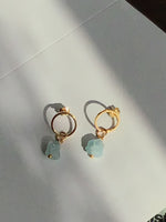 Rough raw aquamarine earrings, 18k gold plated circle earrings, beautiful gift, jewelry gift for mom, boho jewelry,
