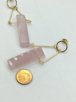 Raw, rose quartz, long, gold earrings, refined, boho, pink stone,
