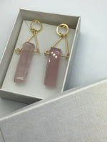 Raw, rose quartz, long, gold earrings, refined, boho, pink stone,