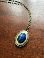 Lapis lazuli long Locket, bronze Photo Locket, Mother's Day Gift, vintage look locket