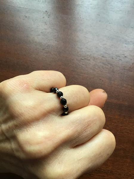 Black onyx beaded ring with gold, silver or rose gold accent beads, layering ring, boho jewelry