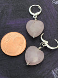 Rose quartz heart earrings, hugger hoop earrings, pink heart,