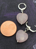 Rose quartz heart earrings, hugger hoop earrings, pink heart,