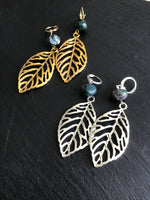 Leaf earrings with moss agate nugget, gift for her, long earrings