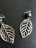 Leaf earrings with moss agate nugget, gift for her, long earrings
