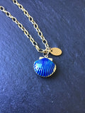 Gold shell locket, enamel shell locket, blue locket, lavender locket, gift for her, anniversary gift, personalized locket, add a photo