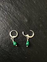 Tiny minimalist malachite drop earrings, on hugger hoops