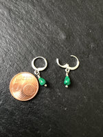 Tiny minimalist malachite drop earrings, on hugger hoops