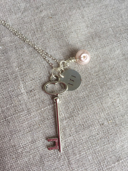 Key Necklace with Initial, key, pearl and initial Necklace, personalize, Mothers Day