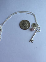 Silver, Skeleton, Steampunk, Key, Necklace, with Initial, key, pearl and initial Necklace, personalized, Mothers Day